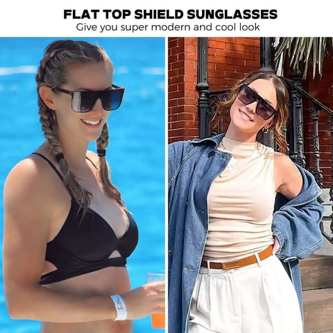Two women wearing Polarized Square Sunglasses For Women And Men Oversized Flat Top Design Wide Rectangular Black Shades With Premium UV 400 Protection.