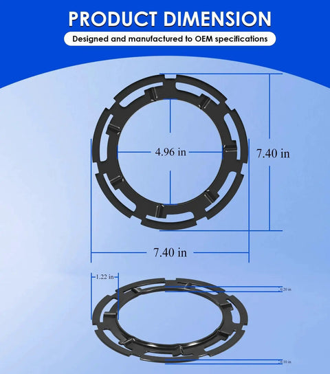 Direct Replacement Fuel Pump Lock Ring For Buick Cadillac Chevrolet Dodge Ford GMC Hummer Isuzu Jeep Lincoln Mazda Pontiac Ram Saab Saturn Suzuki Volkswagen GM Fits OEM Specs dimensions, showing diameter and thickness.