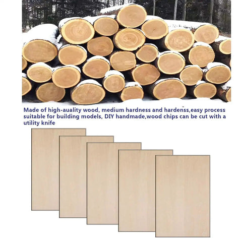 Unfinished Basswood Sheets Set For Crafts 18 Pcs 5x7 Inches 1.5mm Thick Ideal For DIY Projects Painting Drawing Laser Engraving Burning And CNC Cutting Perfect For DIYers And Pros shown in front of logs background.
