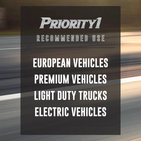Priority1 logo banner with Recommended Use text on a blurred road; lists European and premium vehicles