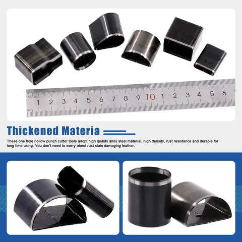 Various metallic hollow punches from 55 Piece Hollow Punch Cutter Kit With 52 Shape Options next to a ruler for size reference.