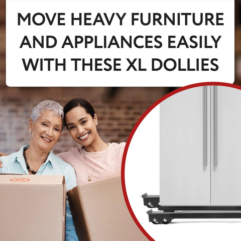Pack of 4 XL alloy steel adjustable appliance dollies with brakes under a refrigerator