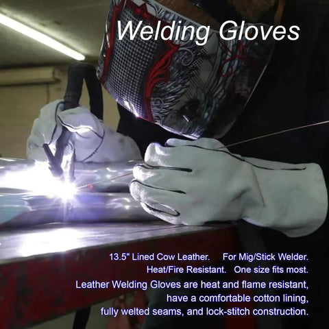 Person welding metal with helmet and leather flame resistant welding gloves