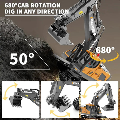 11 Channel RC Excavator Toy With Metal Shovel, Lights And Sounds, 680 Degree Cab Rotation, Realistic Construction Truck For Kids