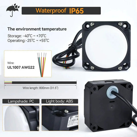 IP65 waterproof 24V DC And AC LED Signal Tower Light With Red Green Yellow Three Colors, square mount, wiring details, and temperature range.