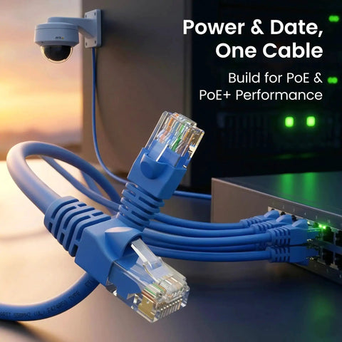 Blue Cat6 Ethernet Cable Pack 20 Count 10 Ft Patch Cables With Snagless Gold Plated RJ45 Connectors connected to a network device