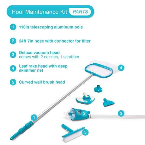 Deluxe Above Ground Pool Maintenance Kit with Vacuum for 800 GPH Flow Rate, 110 Inch Telescoping Pole, 24 Foot Hose, parts layout