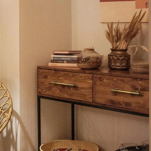 Vintage Antique Brass Zinc Alloy Cabinet Handles With Striped Detailing 128mm Center-To-Center installed on wooden cabinet in bedroom.