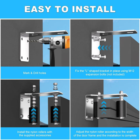 Installation guide for Two Pack 3-Inch Sliding Gate Rollers With Adjustable Guide Bracket, showing step-by-step process.