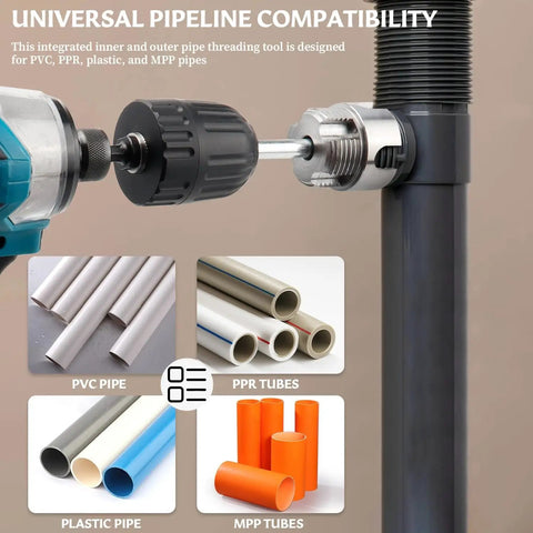 All In One Pipe Threader Kit For One Half, Three Quarter And One Inch PVC Pipes With Internal And External Dies, Hex Shank Thread Cutting Tool For Leak Proof Plumbing No Tool Swapping For Gas And Irrigation Projects showing tool threading PVC pipe.