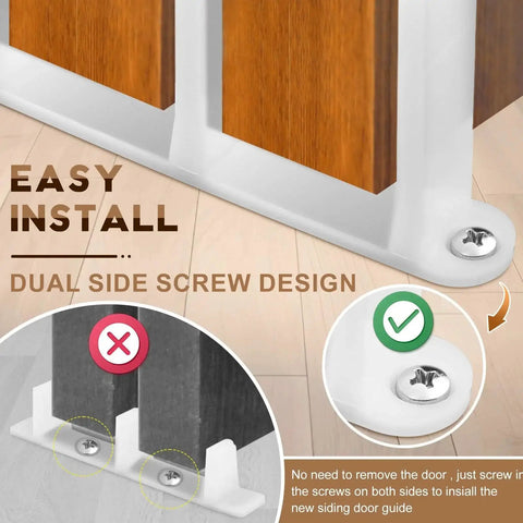 4 Pack White Sliding Closet Door Floor Guide for Pocket Door Bottom Bracket and Sliding Door Hardware fits standard one and three eighths inch width doors with screws included for easy install and durable replacement for smooth operation shown with easy dual side screw design.