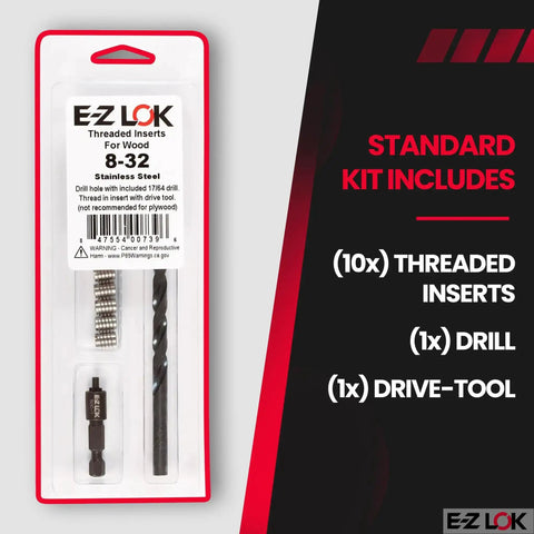 Wood Thread Repair Kit For Soft Wood With Stainless Steel Threaded Inserts And 8-32 Knife Thread Inserts (10) Includes Drill And Installation Tool For Easy Setup And Restoring Strong Machine Threads In Wooden Projects.