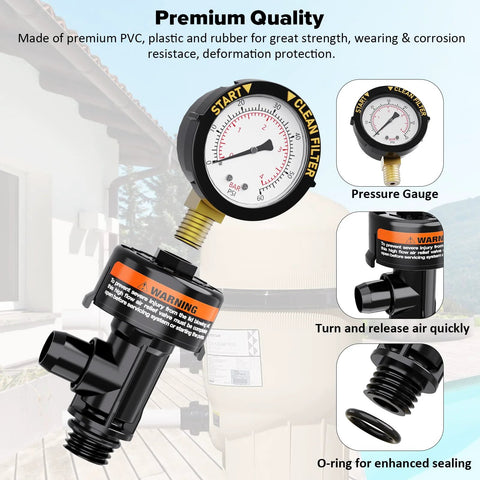 Manual pool filter air relief valve with pressure gauge, PVC body and brass inlet, includes gauge plug and O-rings.