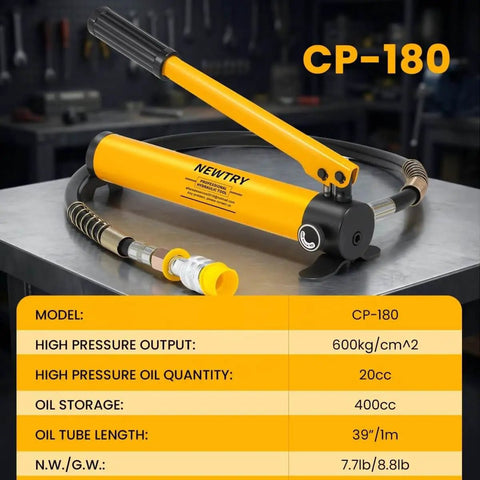5 Ton Low Profile Hydraulic Jack Kit With CP-180 Manual Pump on table, hoses attached, specs displayed
