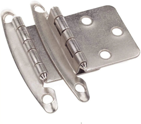Satin Nickel Cabinet Hinges For 25 Cabinets Pack Fifty Hinges Non Self Closing Free Swinging Variable Overlay Flush Mount Semi Concealed Steel Construction Two And One Eighth Inch Center To Center Screw Hole DecoBasics showing front view