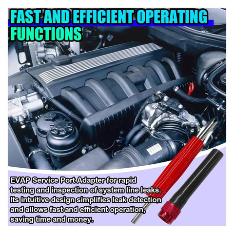 EVAP Service Port Adapter Kit For Automotive Smoke Leak Testing With Valve Removal Tool shown near engine bay