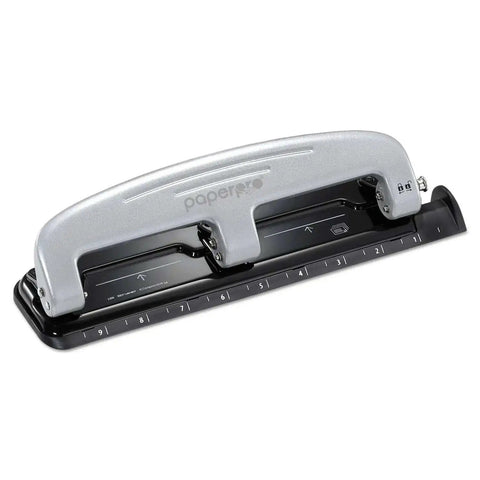 EZ Squeeze 12 Sheet Three Hole Punch With No Jam Tech, all metal office punch in silver and black with built-in ruler and paper guide