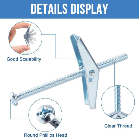 Three Eighths Inch Toggle Bolts Set Of Twelve Heavy Duty Drywall Anchors For Hollow Walls And Ceilings Metal Butterfly Anchors In Zinc Plated Carbon Steel Rust Resistant Easy To Install And Durable, close-up of toggle bolt details