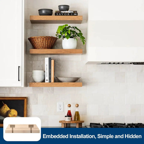 Kitchen with wood shelves using 12 Pack 6 Inch Black Solid Steel Floating Shelf Brackets Hidden Concealed Shelf Supports mounted on tile wall.