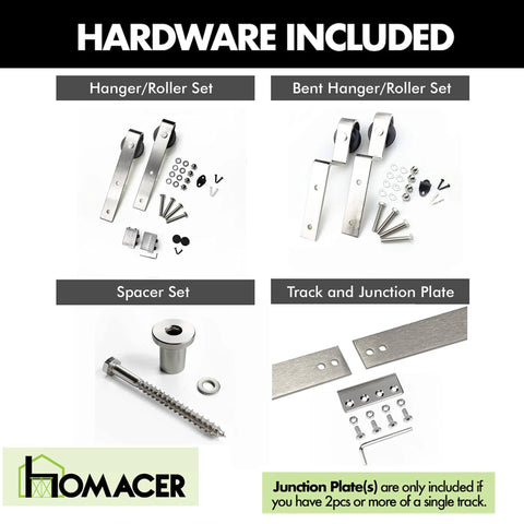 Hardware components included in Brushed Nickel Bypass Sliding Barn Door Hardware Kit For Two Doors, 6.6ft Flat Track.