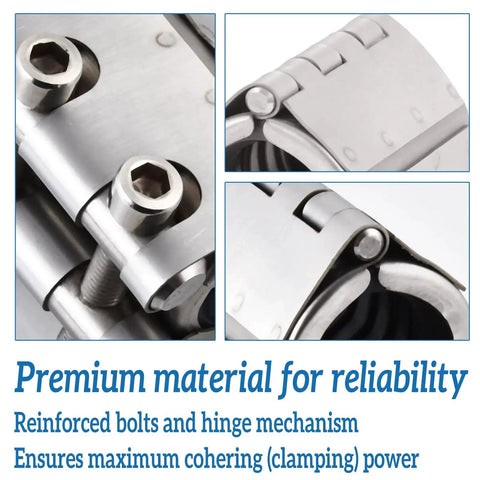 Close-up of stainless steel Leak Sealing Pipe Repair Clamp Kit for Three Quarter Inch Pipes 19 to 21 Millimeter, showing bolts and hinge.