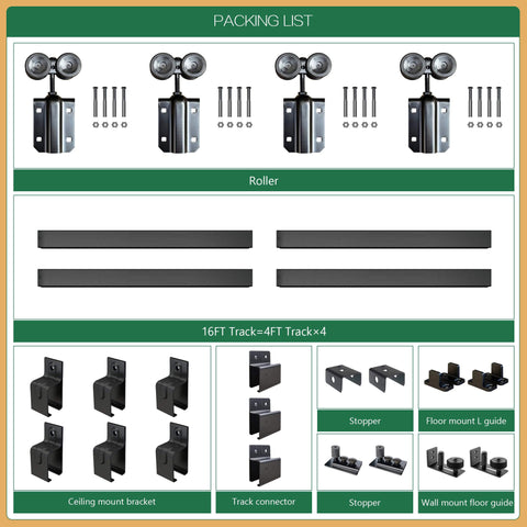 Packing list components of Beefy 16Ft Heavy Duty Black Exterior Sliding Barn Door Track Kit For Double Doors Industrial Grade Box Rail.