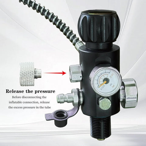 Paintball filling valve with 4500 psi gauge, M18×1.5 thread, black regulator body, 20-inch hose and chrome fittings