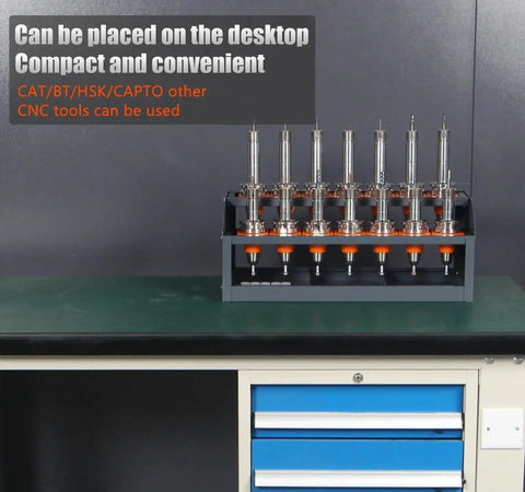 Cat 50 CNC Tool Cart With Desktop Tool Holder, 2 Layer Steel CNC Tool Cabinet on a green workbench