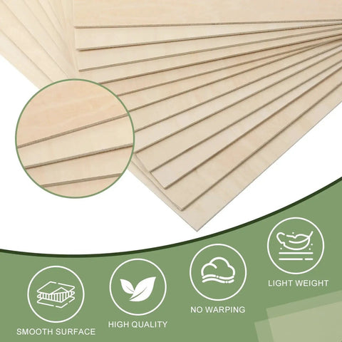 10 Pack Basswood Sheets 12 By 18 By One Eighth Inch Unfinished Wood For Crafts Laser Cutting Engraving Wood Burning Architectural Models Painting 3mm Lightweight Basswood Plywood DIY Projects shown in a stacked view.