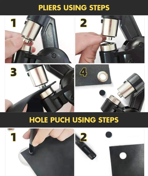 Step-by-step guide using 3/8 Inch Grommet Tool Kit Handheld Eyelet Press With Manual Grommet Press Machine, 500 Pcs 10 Mm Grommets, No Pre Drill Needed, DIY Friendly, Includes Hole Puncher And Backer Block, Magnetic Jaw, Adjustable Opening.