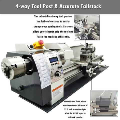 Side view of Gearless 8x32 Metal Lathe With Double Chuck For Imperial And Metric, Panel Controlled Auto Change, Belt Drive, Low Noise Wood Turning Lathe Machine, Great For Home Shop INTSUPERMAI with 4-way tool post.