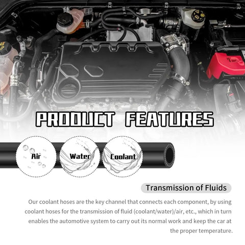Automotive heater hose: 9.84 ft silicone coolant hose, 16 mm ID × 24 mm OD, shown in engine bay with feature graphics