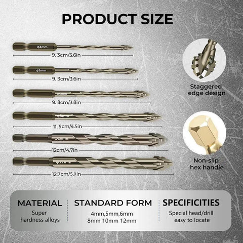 Six Piece Four Flute Sawtooth Eccentric Twist Drill Bit Set for Concrete Masonry and Multi Material Use Hex Shank Short Bits 4 5 6 8 10 12mm Carbide Tip and High Strength Alloy for Sharp Burr Free Drilling displayed horizontally with size comparison.