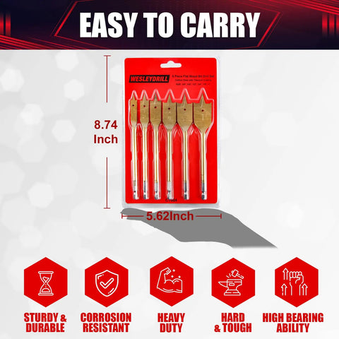 Flat Wood Spade Drill Bit Set Six Piece Paddle Bits From Three Eighths Inch To One Inch Durable Paddle Style