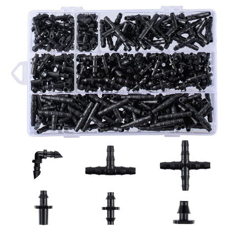 Amazon 280-piece irrigation barbed connectors; black plastic 1/4 inch tubing fittings with tees elbows end plugs 4-way