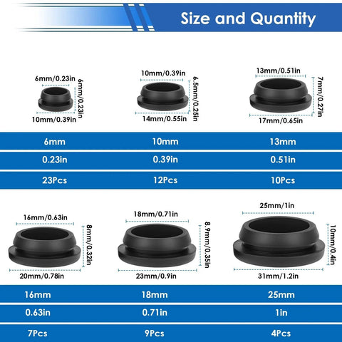Size chart of 65 Pcs Rubber Plugs For Round Holes Set In 6 Sizes Including One Inch Three Quarters Inch Five Eighths Inch One Half Inch