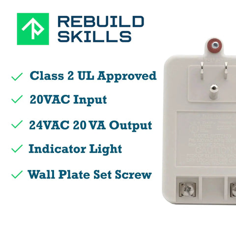 24V AC Transformer 20 VA 830 mA Output UL Approved With Screw Terminals and Green LED, 120V Input, side view with features listed