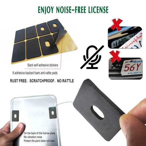 Anti Theft License Plate Screws Set In Rust Proof Stainless Steel With Tamper Resistant Locking Heads For Front Or Rear Plates M6 Self Tapping Bolts Chrome Caps And Nuts Included One Quarter Inch Drive shown with noise-reducing anti-rattle pads.