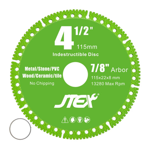Front view of Indestructible Four And A Half Inch Beast Diamond Cutting Disc For Angle Grinder Seven Eighths Inch Arbor Multi Material Diamond Blade For Metal Rebar Tile Stone PVC Pipes Great For Cutting Grinding And Chamfering Three Pack JTEX