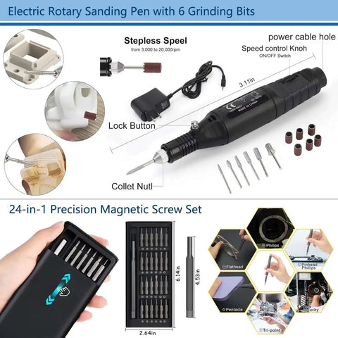 Electric rotary sanding pen and 24-in-1 precision magnetic screw set from All In One 124 Piece 3D Printer Tool Kit With Carry Case For Finishing Cleaning Nozzles Trimming And Sanding Pro Grade Mini Rotary Tool And Modeler Tools For Easy Print Cleanup And Maintenance
