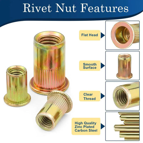 115 Pcs 1/4-20 Rivet Nuts Set Carbon Steel Zinc Plated Flat Head Knurled with clear threads and smooth surface