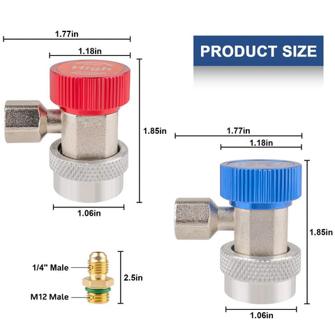 R134a refrigerant adapters for automotive A/C, 2-piece set with red and blue caps
