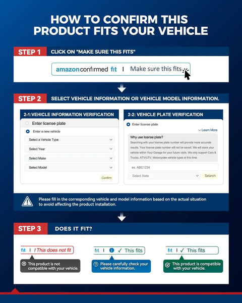 Instructions for confirming product fitment on Amazon, including steps for entering vehicle information and checking compatibility.