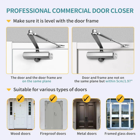 Professional commercial door closer installation guide showing different door types and alignment instructions