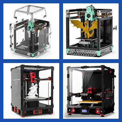 Grid of four 3D printers showcasing modular T Slot Aluminum Extrusion 3030 Black Set Of 4 1000mm Rails.