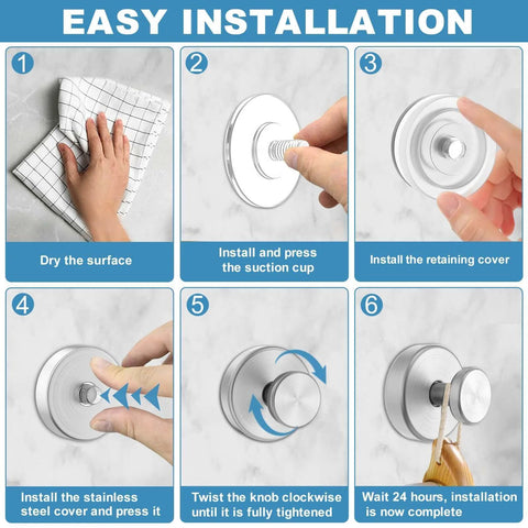 Bearings Canada suction cup hooks for glass and tile, silver, 2-pack; six-step installation diagram.