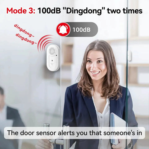 Woman in office with Door Window Alarms 5 Pack 125dB With Volume Control Wireless Sensors, demonstrating 100dB mode with alert.