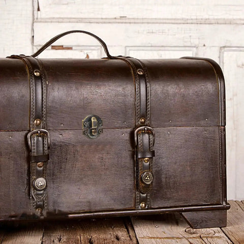 Vintage wooden chest with metal hinges and latches, featuring a retro bronze box hinges and latch kit for secure closure.