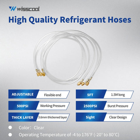 WISSCOOL refrigerant charging hoses set of 3, 5 ft clear tubes with brass flare fittings for R134A/R22/R410A