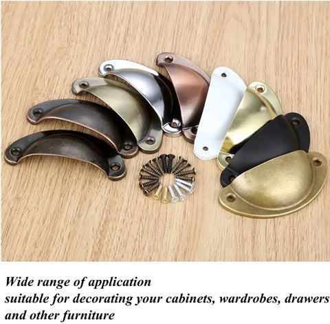 Assorted shell cup pulls, includes Antique Bronze Shell Cup Pulls Set Of 10 For Cabinets And Dressers With Screws 82mm By 35mm Center Distance 65mm Vintage Style Zinc Alloy Hardware For Kitchen Furniture Decoration Durable 2 Hole Mounting.